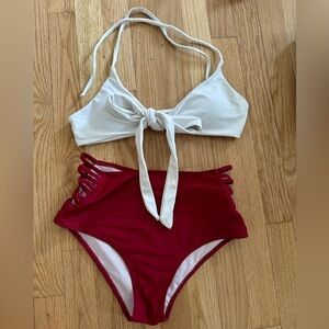Red and white 2 piece high waist bikini